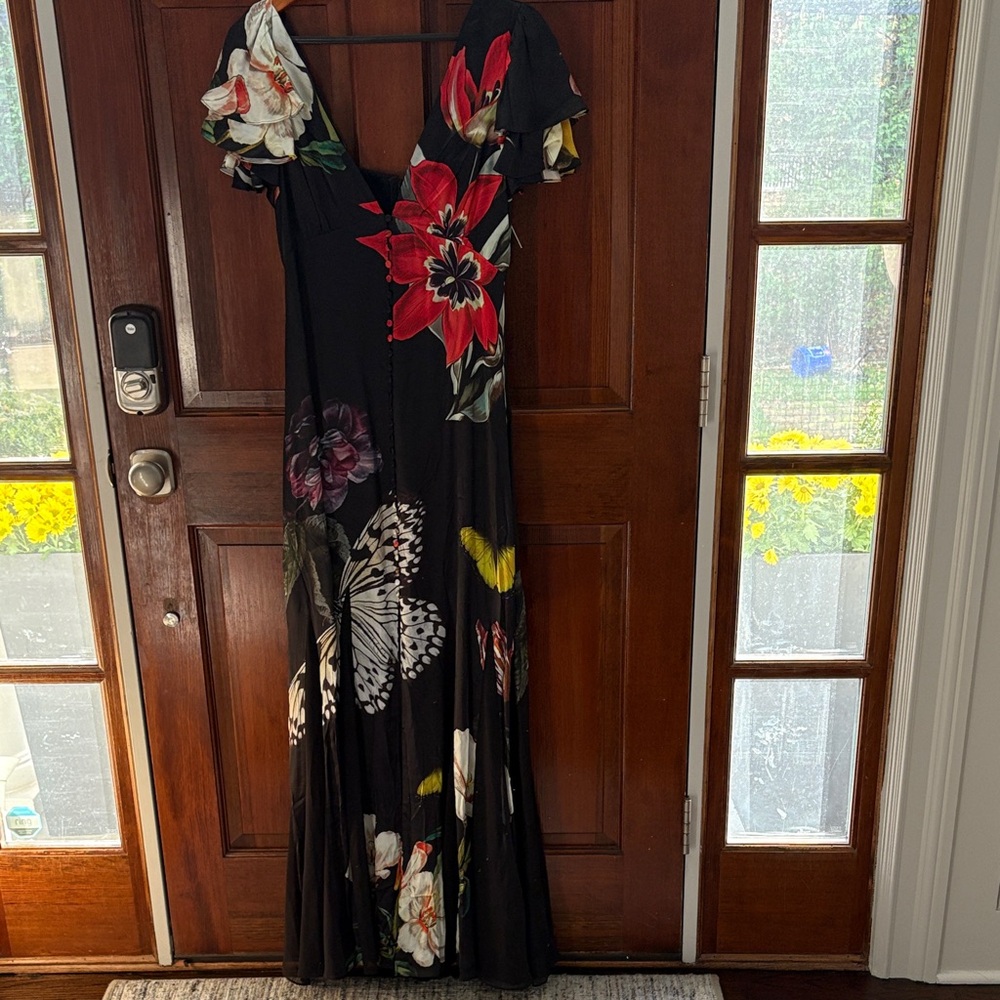 Alice + Olivia Black Maxi Dress with Red and White Floral Design